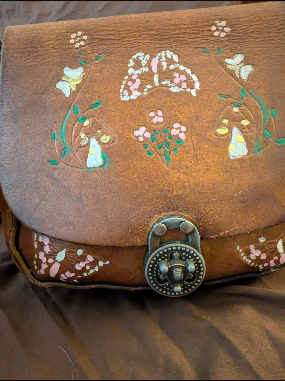 Vintage 1970s Brown Floral Hand-Painted Leather Bag
